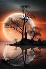 AI generated illustration of a lone tree on an isle reflecting on a lake against a full moon