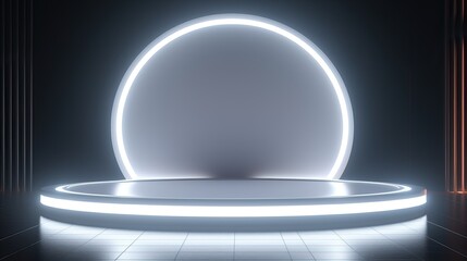 Round podium with a neon light circling its base in a dark room, AI-generated.