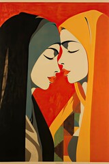 AI generated illustration of two women kissing on a vibrant background