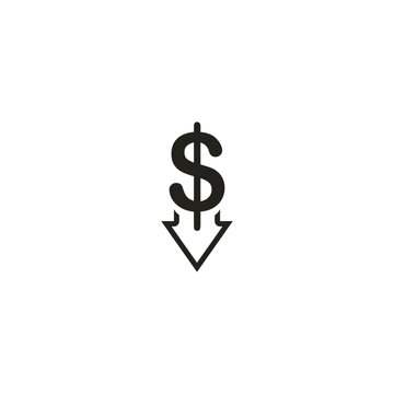 US dollar with down arrow isolated on white background 