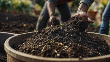 a person with gardening gloves digging soil into the bottom of a container