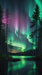 Aurora borealis, northern lights over lake and forest. Nature background and wallpaper