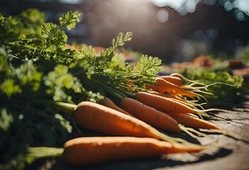AI generated illustration of fresh carrots with green tops basking in sunlight - obrazy, fototapety, plakaty