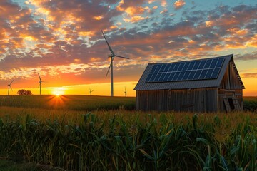 AI generated illustration of a golden sky over Iowa corn fields with solar panels
