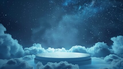 3d blue podium floating in the sky surrounded by clouds, background for product presentation motion graphics dark blue background with stars, high resolution