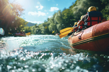 River Rafting Adventure in a Picturesque Nature Landscape - river rafting, water sports, shallow depth of field. - obrazy, fototapety, plakaty