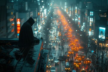 person on ledge in cityscape at night with rain - obrazy, fototapety, plakaty