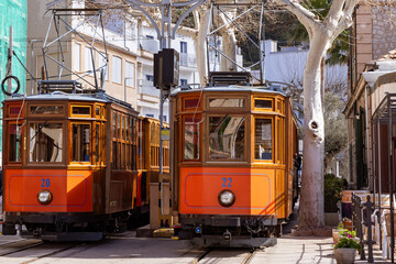Vintage trams at Port de Soller, Mallorca, Spain