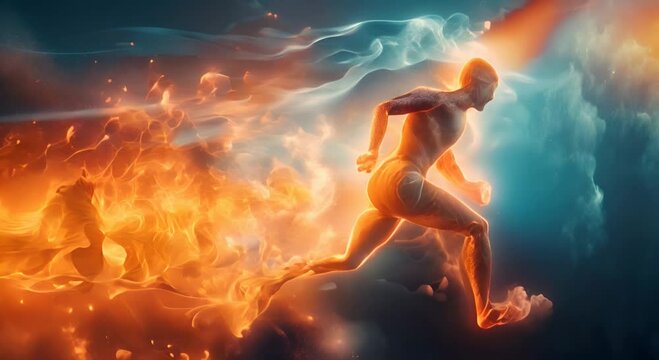 Image of a man running and exuding energy, showing calories being burned