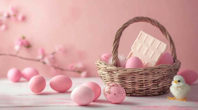 an easter basket with pink and white eggs and some chicklings