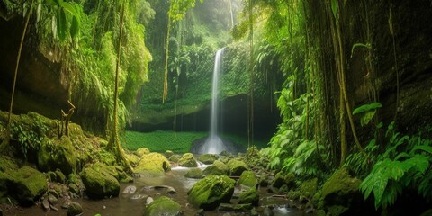 AI generated illustration of a lush green valley with a cascading waterfall on a sunny day