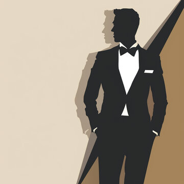 recommend clip art: festive strict card for filling with text to congratulate men in vector style, silhouette of a man in a festive tuxedo against a background of a blank sheet of paper