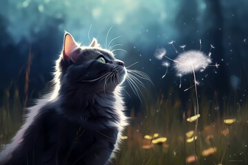 AI generated illustration of a cat in a lush grassy field at night, looking curiously at dandelion - obrazy, fototapety, plakaty