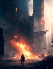 AI generated illustration of a man in the foreground of a scene of destruction - obrazy, fototapety, plakaty