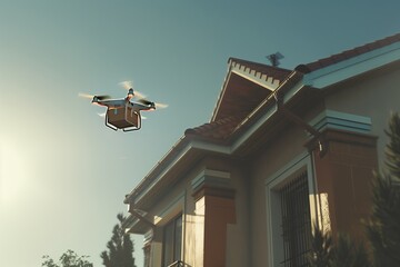 A drone with a box hovers over the rooftop of a house - obrazy, fototapety, plakaty