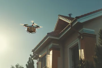 Foto op Canvas A drone with a box hovers over the rooftop of a house © Vladimir
