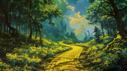 AI generated illustration of a nostalgic '70s-themed poster with a winding yellow road in a forest