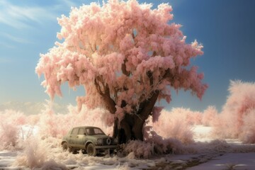 a pink tree is next to a car on a snow covered road