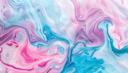 Abstract painting with pink and blue swirls and bubbles on a watery background, AI-generated. - obrazy, fototapety, plakaty