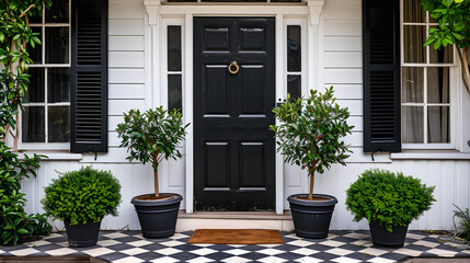  Black front door, front door of a house adorned potted plants. Front door, black front door