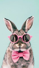 Easter bunny wearing pink sunglasses and a bow, AI-generated.