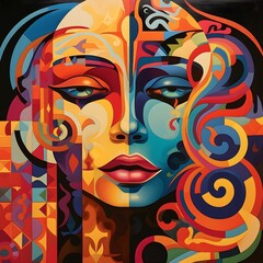 an art work that depicts a woman's face and patterns