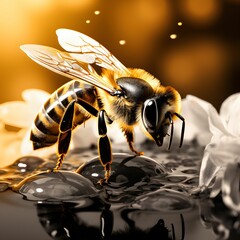 a bee with the yellow pollen in its wings is sitting on a piece of ice - obrazy, fototapety, plakaty