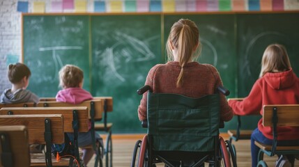 Diverse classroom with children in wheelchairs at chalkboards, AI-generated. - obrazy, fototapety, plakaty