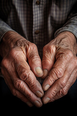 Fototapeta premium Weathered senior's hands clasped, storytelling through lines and wrinkles, symbolic of aging and life's journey.