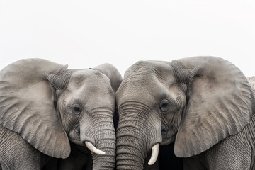 Symmetrical image of two elephants side by side, gentle gaze, against a stark white background, wildlife symmetry concept.