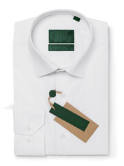 Folded classic men's shirt with long sleeves in white, with buttons, insulated against a white background, top view, template for designer