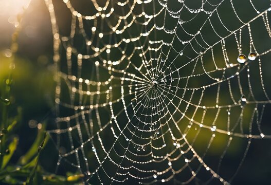 AI generated illustration of dew droplets on spider webs in a field