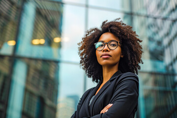 A businesswoman with curly hair and eyeglasses poses confidently in front of a glass office building