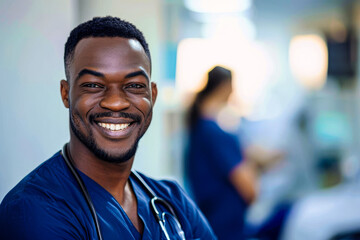 Fototapeta premium A smiling male nurse in medical scrubs with a satisfied expression stands in a hospital corridor, professionals in motion