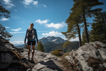 Naklejka premium Hiker with backpack trekking in mountains, surrounded by pine trees under blue sky, adventure travel and exploration theme.
