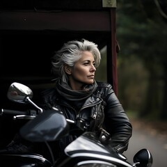 AI generated illustration of a confident woman wearing a black leather jacket, sitting on a bike - obrazy, fototapety, plakaty