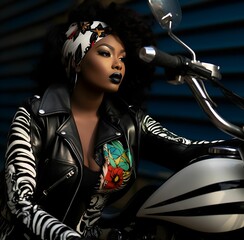 AI generated illustration of a confident woman wearing a black leather jacket, sitting on a bike - obrazy, fototapety, plakaty