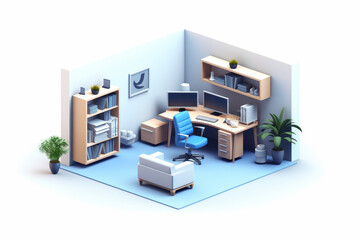 This image features an isometric view of an organized office space with a comfortable chair, bookshelves, and plants