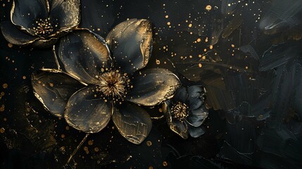 black and golden flower oil painting on black background