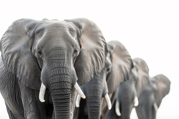 Obraz premium Majestic elephant looking forward, with a gentle gaze, against a soft, blurred herd background, ideal for nature themes.