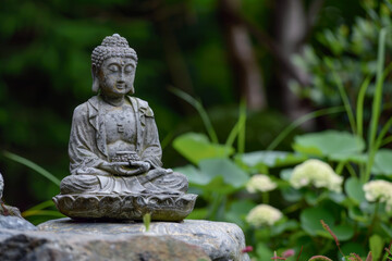 AI-generated illustration of a statue of Buddha on a stone in a green garden setting