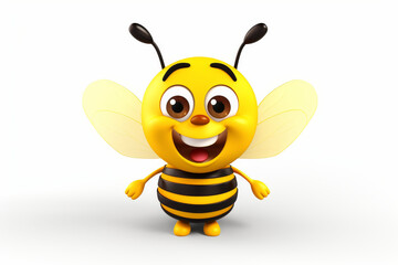 A cheerful 3D cartoon bumblebee character with big friendly eyes and a playful smile, invoking happiness