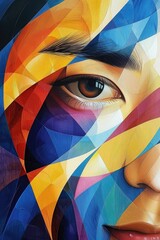 A colorful painting of a woman's face with a gold eye