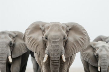 Close-up of a serene elephant leading the herd, symbolizing leadership and wildlife grandeur, in a soft, muted palette.