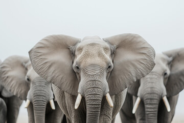 Obraz premium Close-up of a serene elephant leading the herd, symbolizing leadership and wildlife grandeur, in a soft, muted palette.
