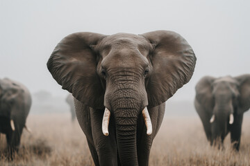 Fototapeta na wymiar Majestic elephant with flared ears in misty savannah, a powerful wildlife scene. Perfect for nature and conservation themes.