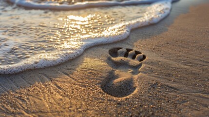 Foot print on the beach background. AI generated - obrazy, fototapety, plakaty