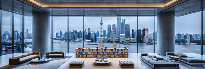 Urban Skyline View from a Modern Interior, Elegant Design with Spacious Layout - obrazy, fototapety, plakaty