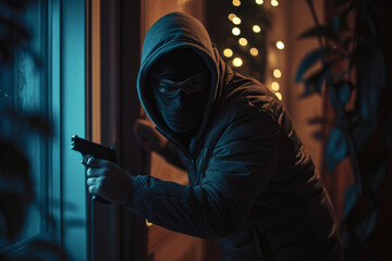 A sinister figure in a hoodie and mask holds a gun, suggesting danger, crime, and suspense during a nighttime burglary attempt
