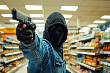 A person with concealed identity is committing an armed robbery at a grocery store, holding a gun facing forward